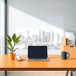 A modern home virtual office space setup with a sleek desk, laptop, plant, and coffee cup, against an abstract city skyline background in bright colors, symbolizing flexibility and professionalism.